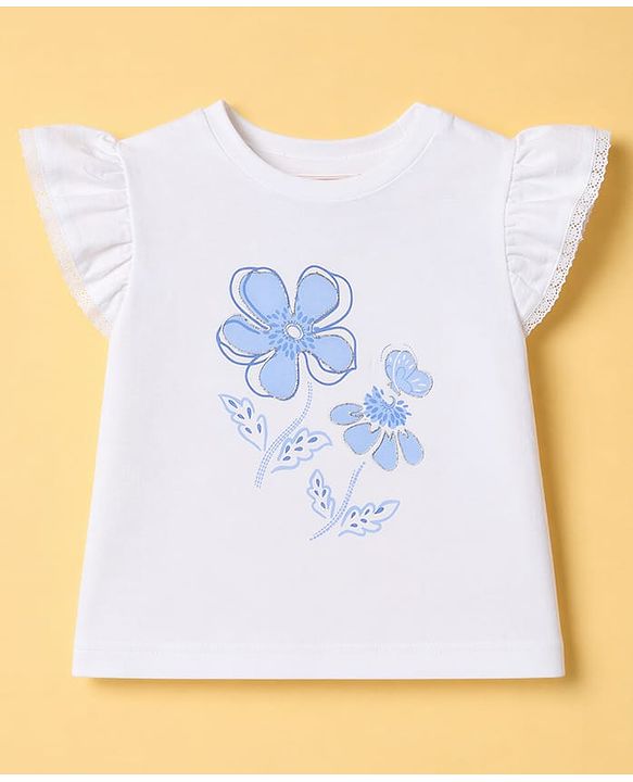 Babyhug Single Jersey Knit Half Frill Sleeves Floral Printed Top & Shorts Set With Lace Detailing - White & Light Blue