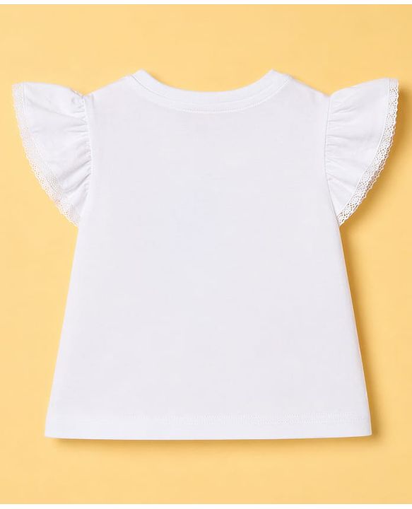 Babyhug Single Jersey Knit Half Frill Sleeves Floral Printed Top & Shorts Set With Lace Detailing - White & Light Blue