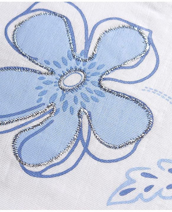 Babyhug Single Jersey Knit Half Frill Sleeves Floral Printed Top & Shorts Set With Lace Detailing - White & Light Blue
