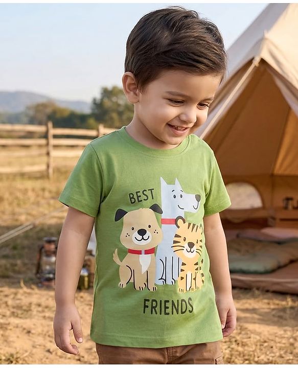 Babyhug Cotton Knit Half Sleeves T-Shirt with Animal Print - Multicolor