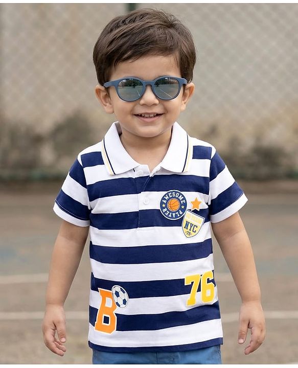 Babyhug Cotton Knit Polo T-Shirt Striped with Graphics Multi Color 6-9 Months