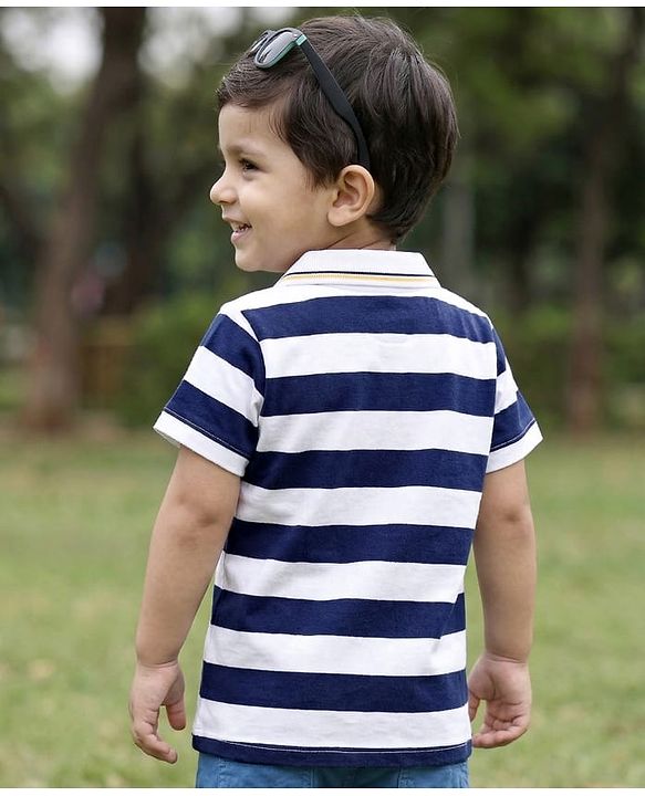 Babyhug Cotton Knit Polo T-Shirt Striped with Graphics Multi Color 6-9 Months