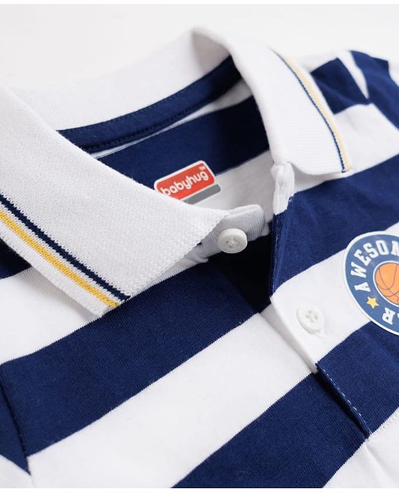 Babyhug Cotton Knit Polo T-Shirt Striped with Graphics Multi Color 6-9 Months