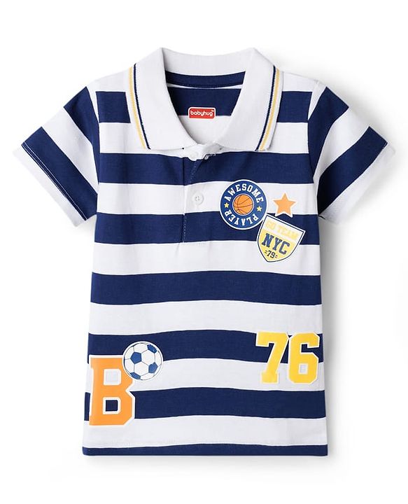 Babyhug Cotton Knit Polo T-Shirt Striped with Graphics Multi Color 6-9 Months