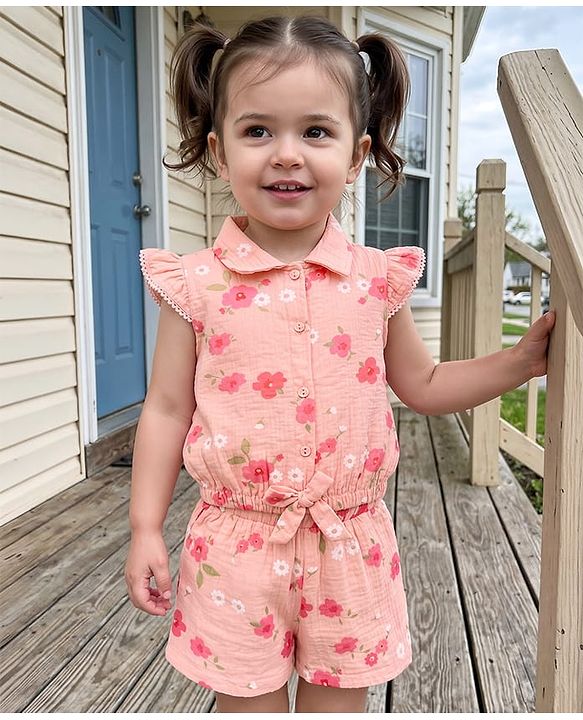 Babyhug Cotton Woven Half Sleeves Top & Shorts Co-Ord Set With Floral Print - Coral