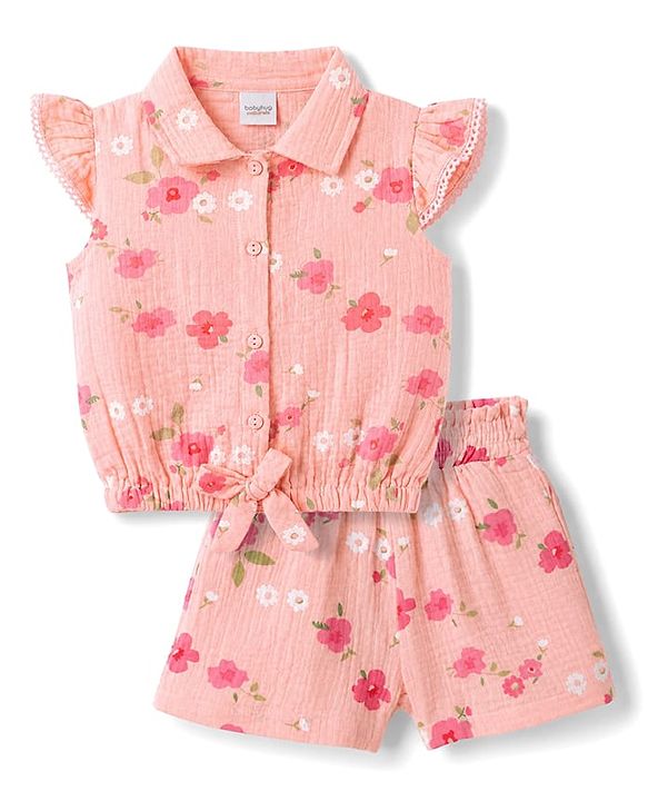 Babyhug Cotton Woven Half Sleeves Top & Shorts Co-Ord Set With Floral Print - Coral
