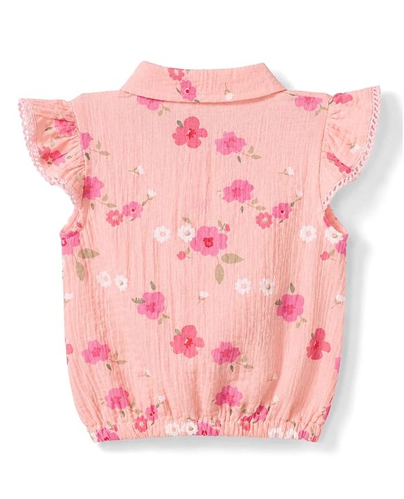 Babyhug Cotton Woven Half Sleeves Top & Shorts Co-Ord Set With Floral Print - Coral