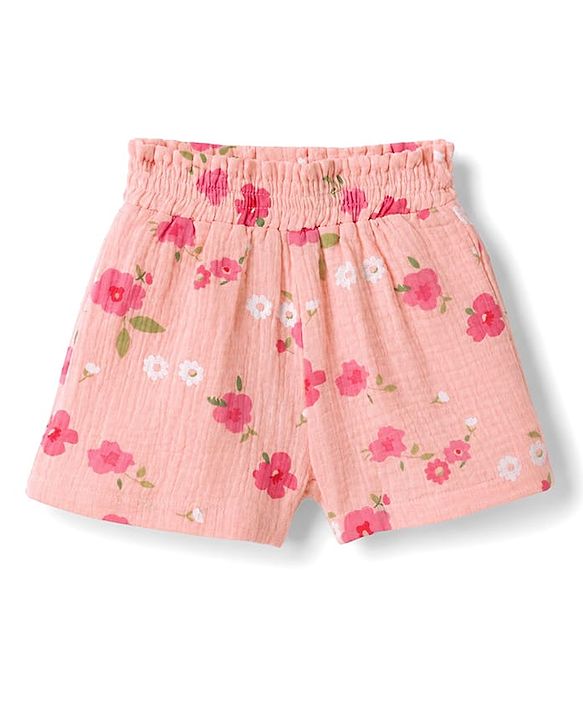 Babyhug Cotton Woven Half Sleeves Top & Shorts Co-Ord Set With Floral Print - Coral