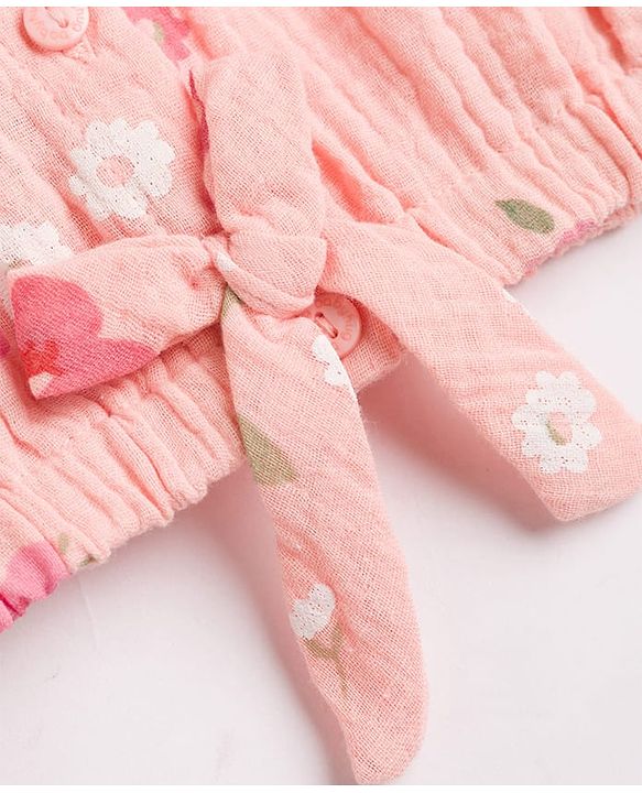 Babyhug Cotton Woven Half Sleeves Top & Shorts Co-Ord Set With Floral Print - Coral