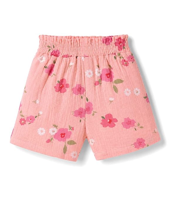 Babyhug Cotton Woven Half Sleeves Top & Shorts Co-Ord Set With Floral Print - Coral