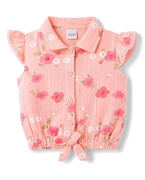 Babyhug Cotton Woven Half Sleeves Top & Shorts Co-Ord Set With Floral Print - Coral