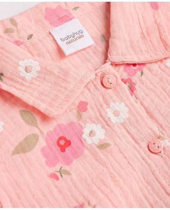 Babyhug Cotton Woven Half Sleeves Top & Shorts Co-Ord Set With Floral Print - Coral