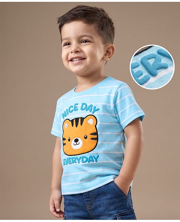 Babyhug 100% Cotton Knit Half Sleeves Striped & Tiger Embroidered T-Shirt - Light Blue