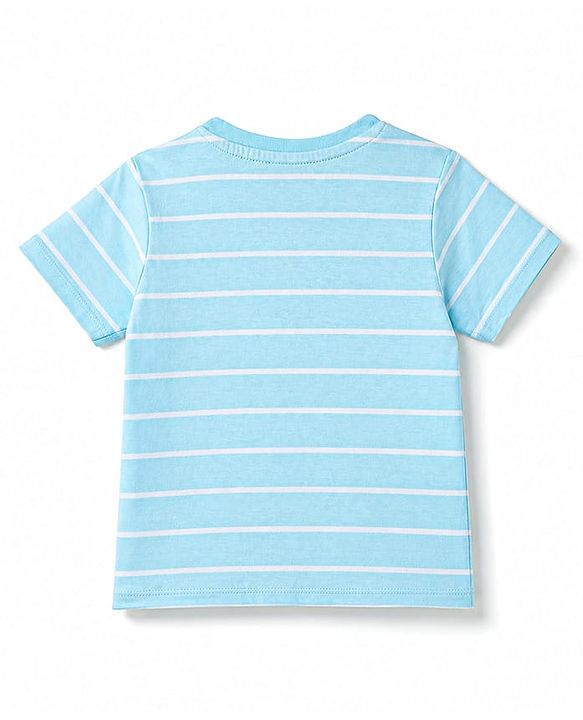Babyhug 100% Cotton Knit Half Sleeves Striped & Tiger Embroidered T-Shirt - Light Blue
