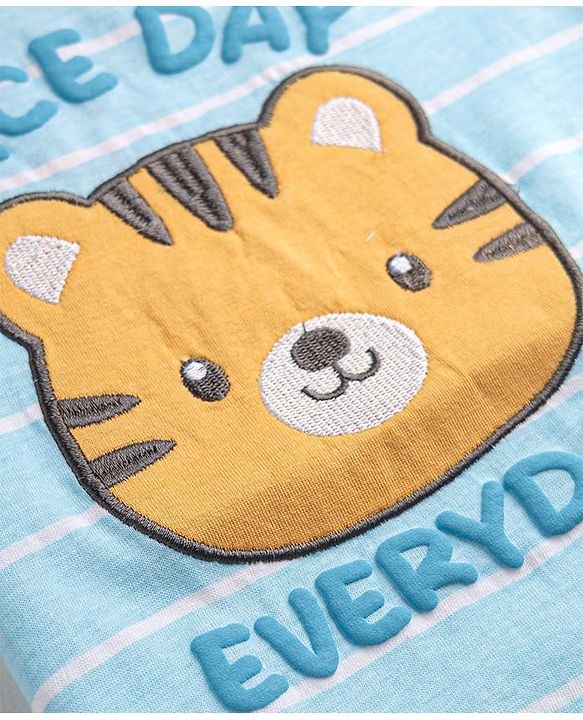 Babyhug 100% Cotton Knit Half Sleeves Striped & Tiger Embroidered T-Shirt - Light Blue