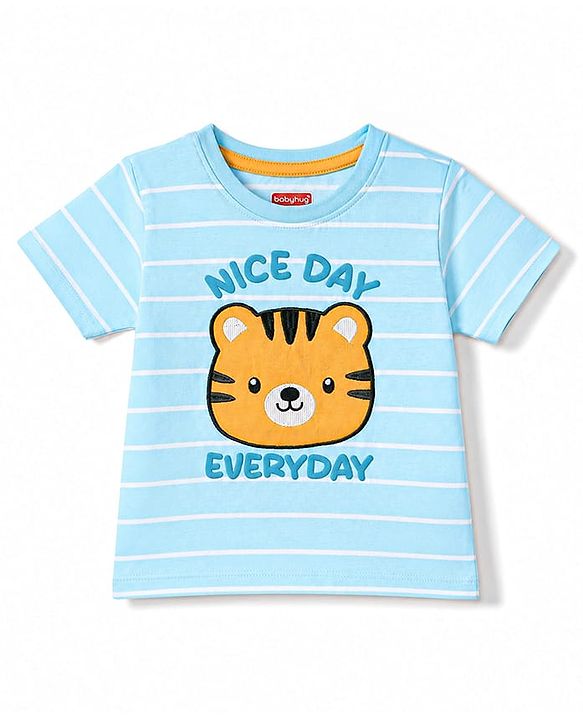 Babyhug 100% Cotton Knit Half Sleeves Striped & Tiger Embroidered T-Shirt - Light Blue