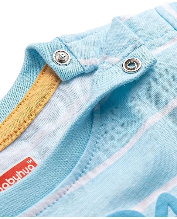 Babyhug 100% Cotton Knit Half Sleeves Striped & Tiger Embroidered T-Shirt - Light Blue