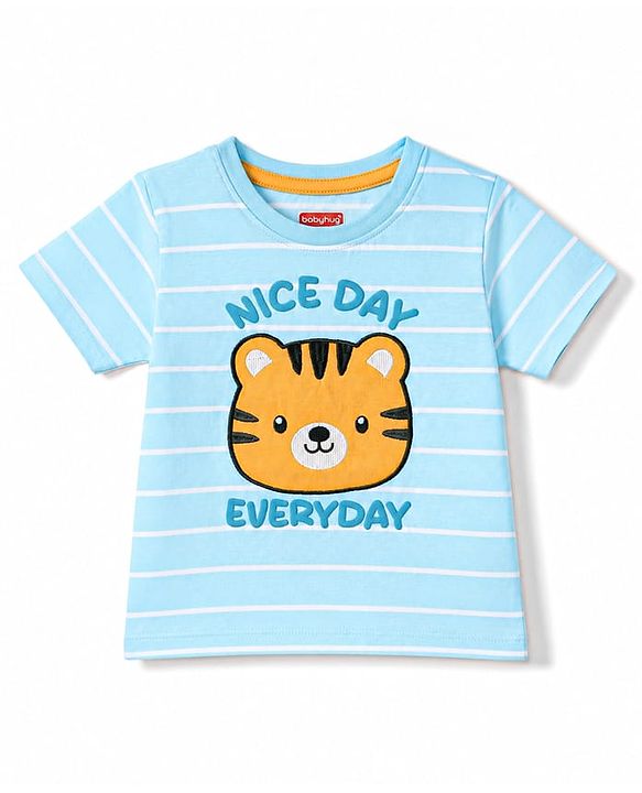 Babyhug 100% Cotton Knit Half Sleeves Striped & Tiger Embroidered T-Shirt - Light Blue