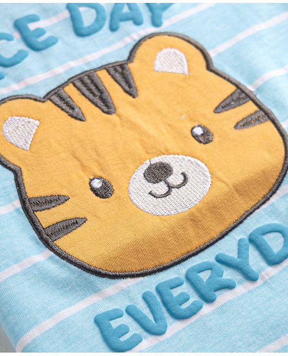 Babyhug 100% Cotton Knit Half Sleeves Striped & Tiger Embroidered T-Shirt - Light Blue