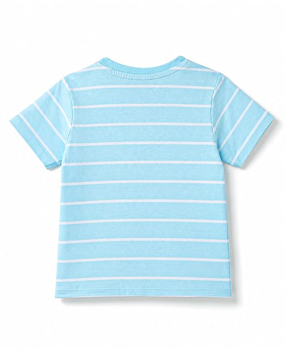 Babyhug 100% Cotton Knit Half Sleeves Striped & Tiger Embroidered T-Shirt - Light Blue