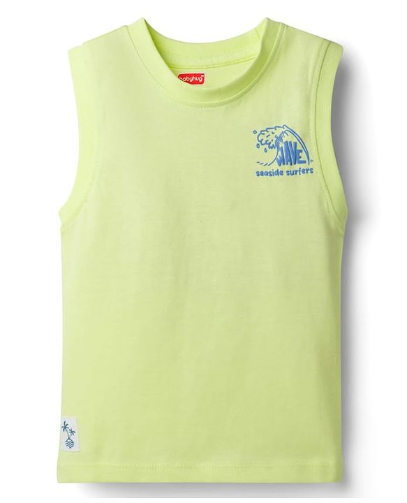 Babyhug Cotton Knit Sleeveless Tank T-Shirt with Beach Theme Print - Light Green