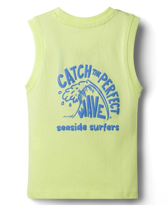 Babyhug Cotton Knit Sleeveless Tank T-Shirt with Beach Theme Print - Light Green