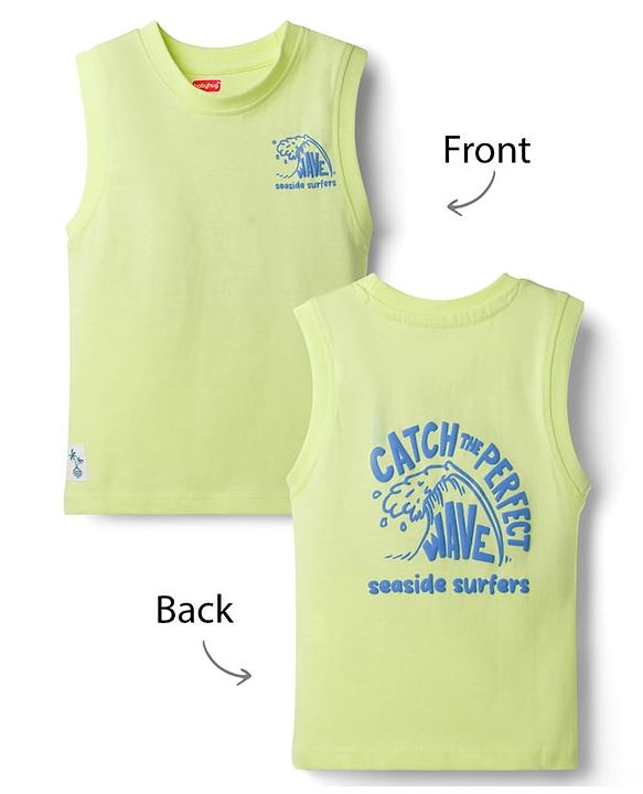 Babyhug Cotton Knit Sleeveless Tank T-Shirt with Beach Theme Print - Light Green