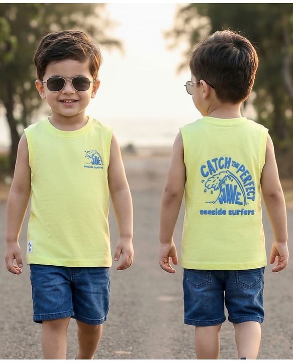 Babyhug Cotton Knit Sleeveless Tank T-Shirt with Beach Theme Print - Light Green