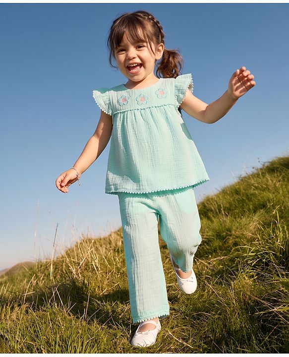 Babyhug Cotton Woven Half Frill Sleeves Floral Embroidered top & Pant Set - Sea Green