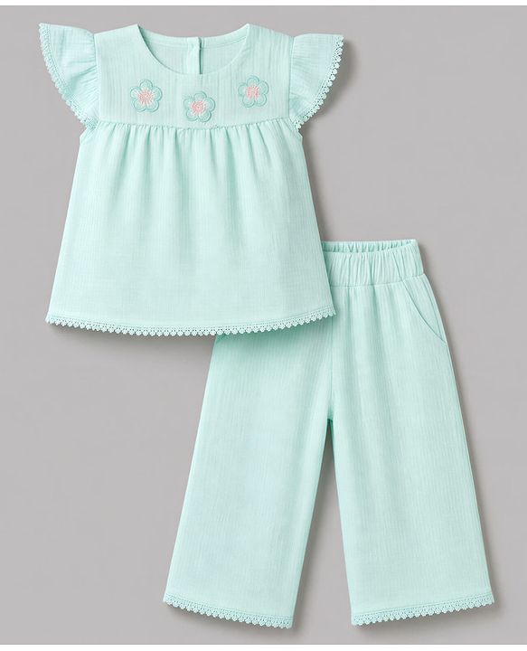 Babyhug Cotton Woven Half Frill Sleeves Floral Embroidered top & Pant Set - Sea Green