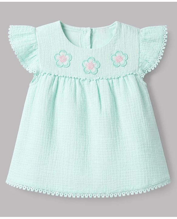 Babyhug Cotton Woven Half Frill Sleeves Floral Embroidered top & Pant Set - Sea Green