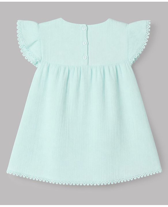 Babyhug Cotton Woven Half Frill Sleeves Floral Embroidered top & Pant Set - Sea Green