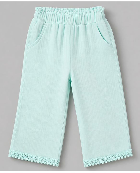 Babyhug Cotton Woven Half Frill Sleeves Floral Embroidered top & Pant Set - Sea Green