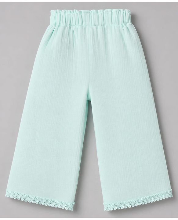 Babyhug Cotton Woven Half Frill Sleeves Floral Embroidered top & Pant Set - Sea Green