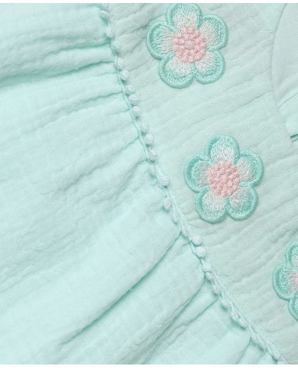 Babyhug Cotton Woven Half Frill Sleeves Floral Embroidered top & Pant Set - Sea Green