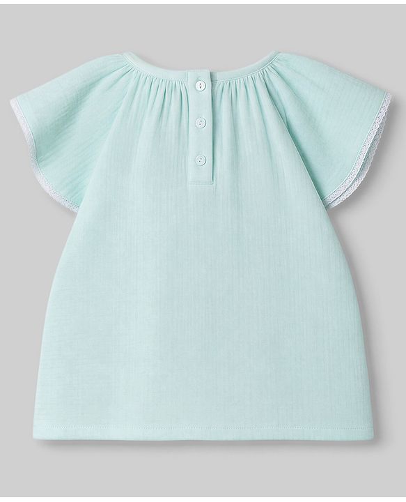 Babyhug Cotton woven Half Flutter Sleeves Floral Embroidered Top & Shorts Set - Sea Green