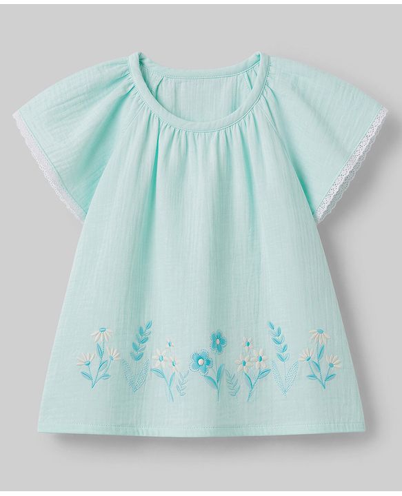 Babyhug Cotton woven Half Flutter Sleeves Floral Embroidered Top & Shorts Set - Sea Green