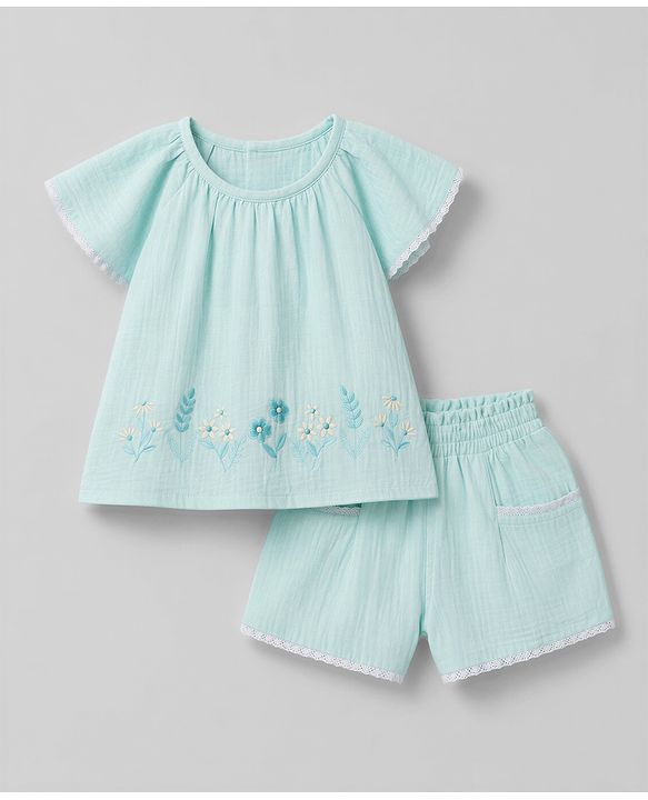 Babyhug Cotton woven Half Flutter Sleeves Floral Embroidered Top & Shorts Set - Sea Green