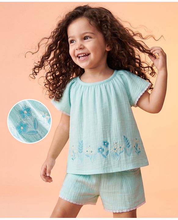 Babyhug Cotton woven Half Flutter Sleeves Floral Embroidered Top & Shorts Set - Sea Green
