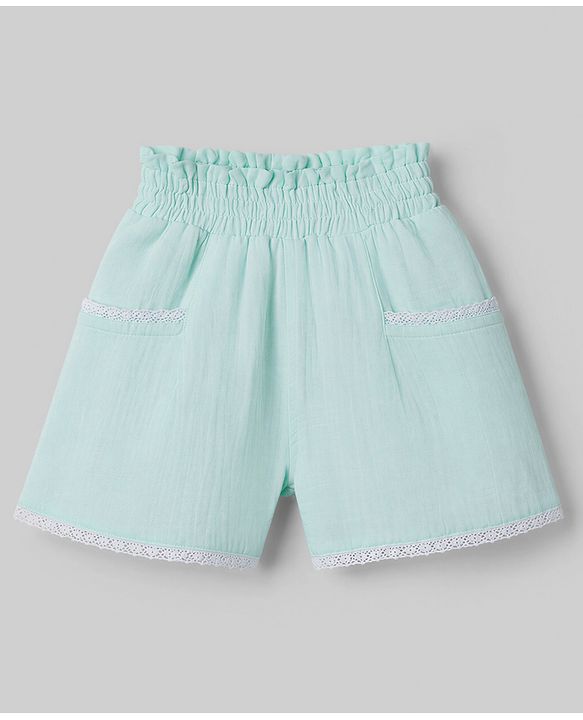Babyhug Cotton woven Half Flutter Sleeves Floral Embroidered Top & Shorts Set - Sea Green