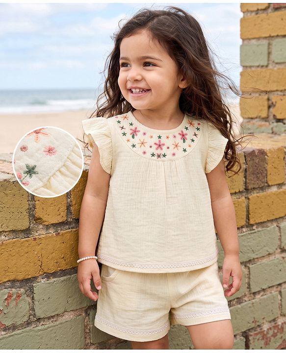 Babyhug Cotton Woven Half Frill Sleeves Floral Embroidered Top & Shorts Set - OffWhite