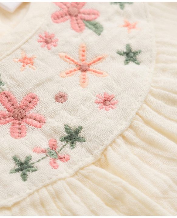 Babyhug Cotton Woven Half Frill Sleeves Floral Embroidered Top & Shorts Set - OffWhite