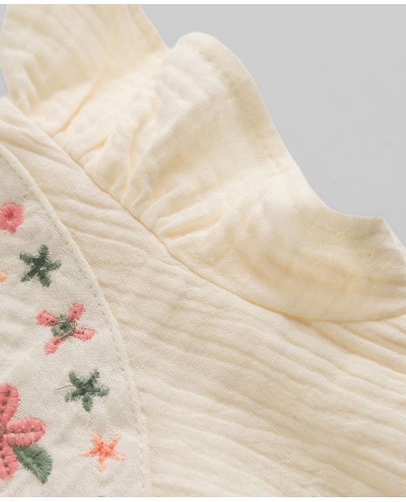 Babyhug Cotton Woven Half Frill Sleeves Floral Embroidered Top & Shorts Set - OffWhite