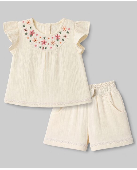 Babyhug Cotton Woven Half Frill Sleeves Floral Embroidered Top & Shorts Set - OffWhite