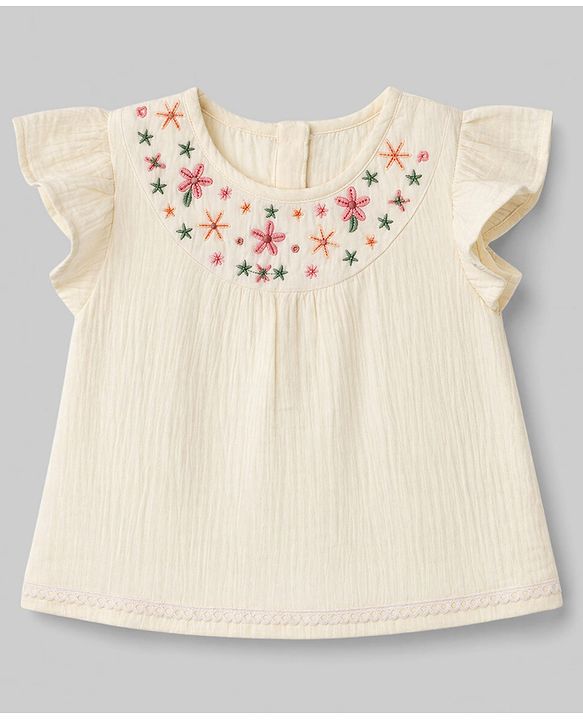 Babyhug Cotton Woven Half Frill Sleeves Floral Embroidered Top & Shorts Set - OffWhite