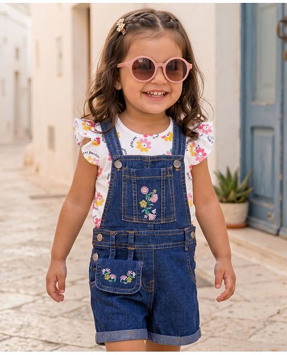 Babyhug Single Jersey Knit Denim Dungaree & Half Sleeves T-Shirt With Floral Print - White & Blue