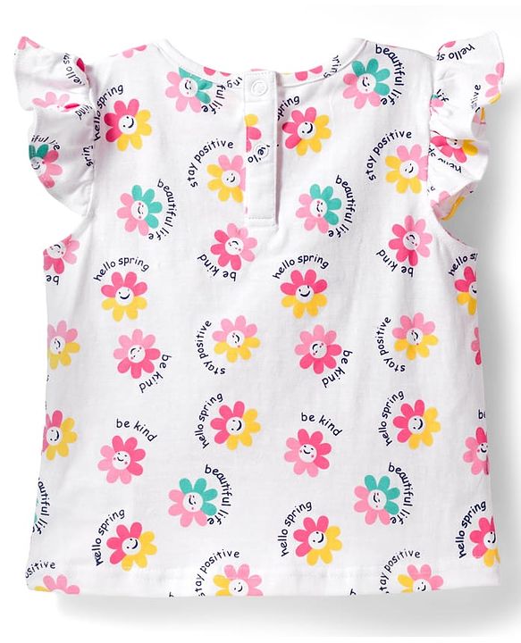 Babyhug Single Jersey Knit Denim Dungaree & Half Sleeves T-Shirt With Floral Print - White & Blue