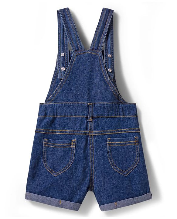 Babyhug Single Jersey Knit Denim Dungaree & Half Sleeves T-Shirt With Floral Print - White & Blue