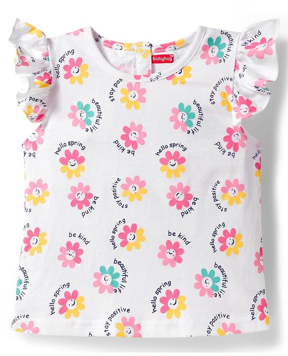 Babyhug Single Jersey Knit Denim Dungaree & Half Sleeves T-Shirt With Floral Print - White & Blue