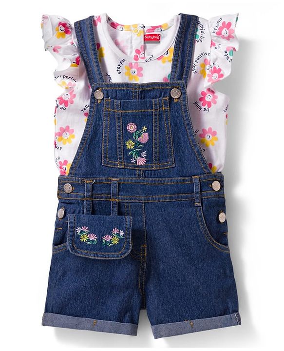 Babyhug Single Jersey Knit Denim Dungaree & Half Sleeves T-Shirt With Floral Print - White & Blue